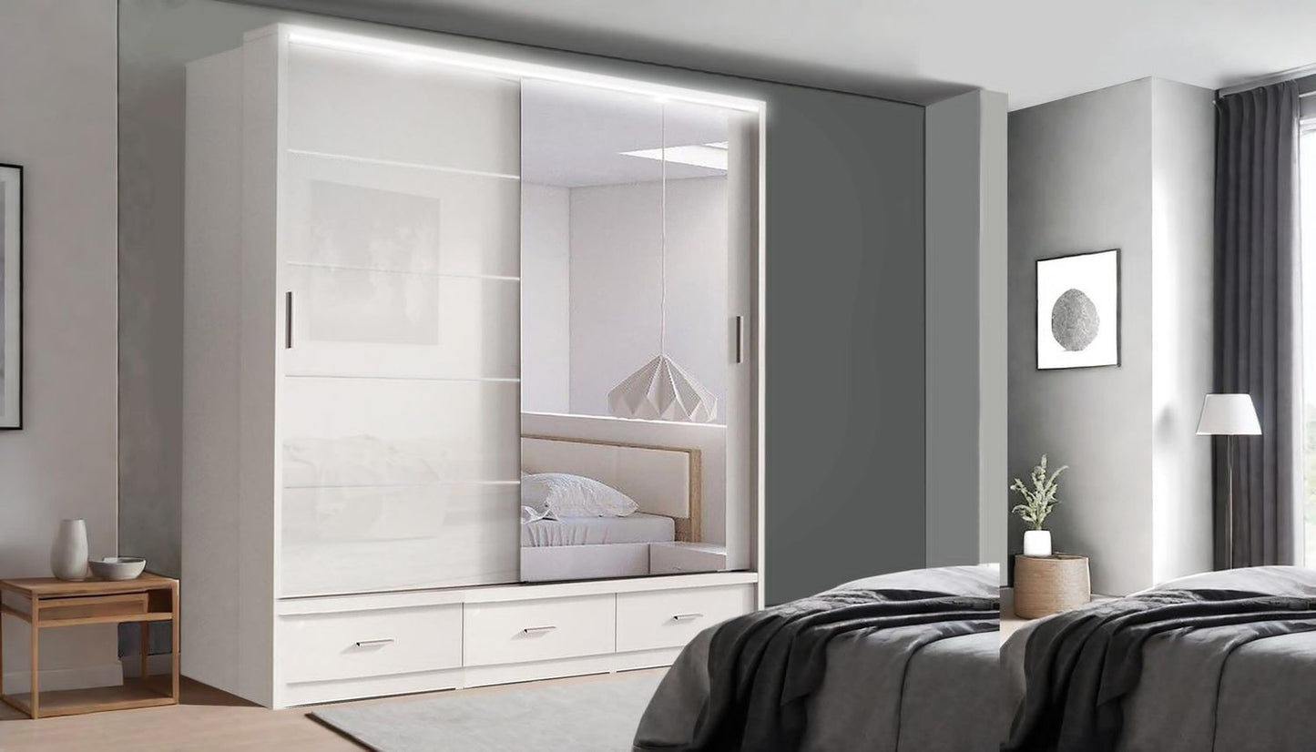 High Gloss Sliding Mirrored Door Wardrobe - Florence