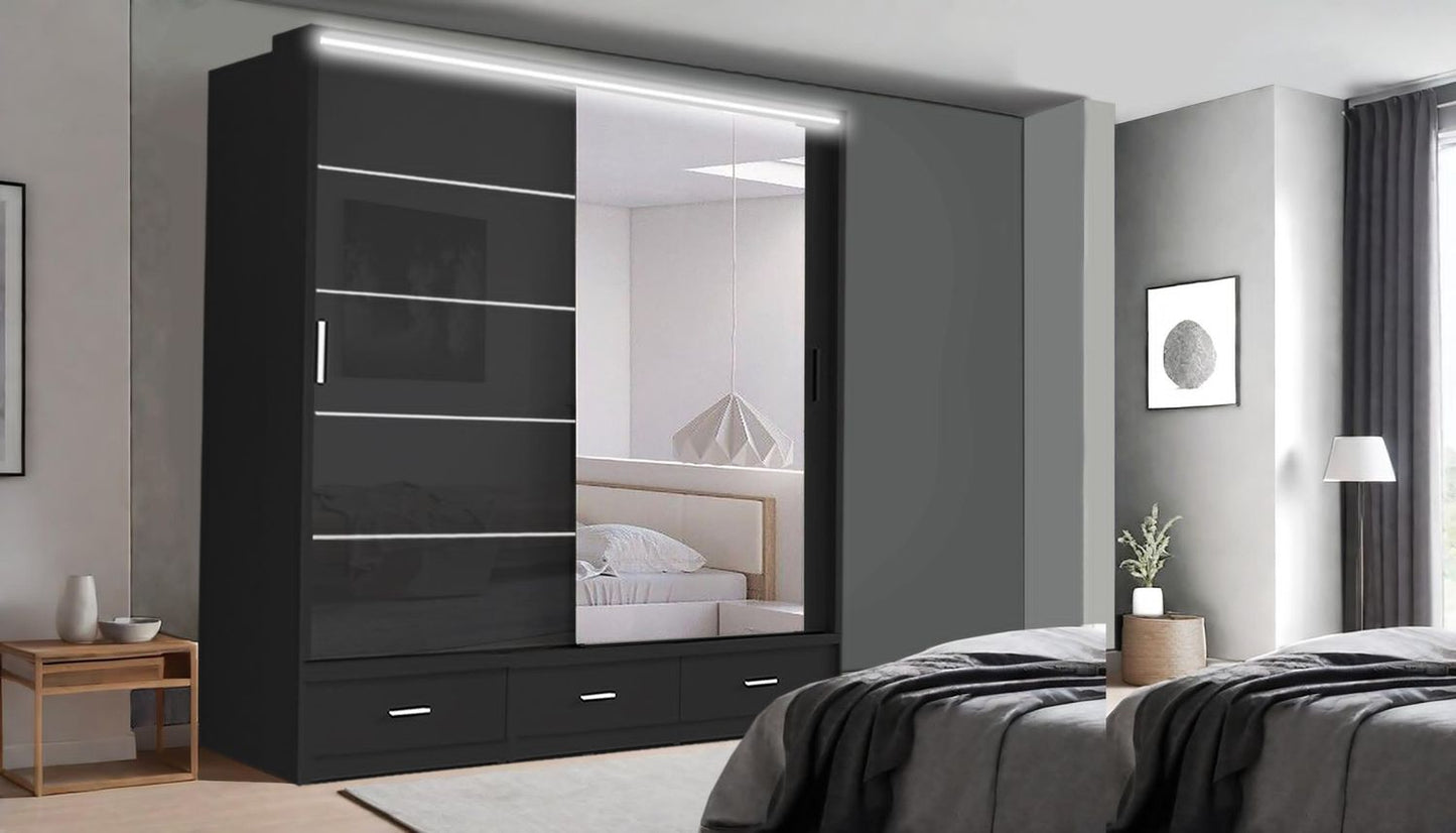 High Gloss Sliding Mirrored Door Wardrobe - Florence